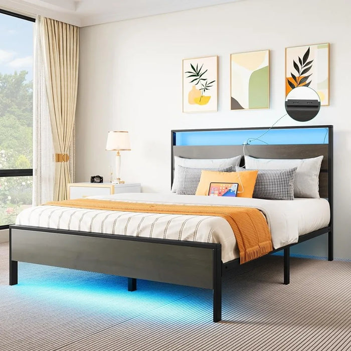 Queen bed frame, LED with 2 USB ports, sturdy metal slats support, platform bed frame with storage gap under the bed