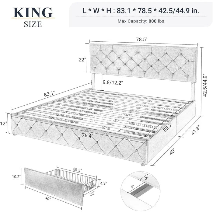 Extra large padded bed frame with 4 storage drawers and headboard,diamond sewn button tuft,mattress base with wooden support,bed