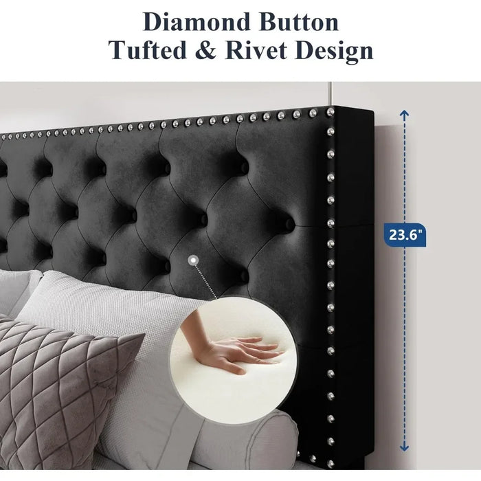 Bed, velvet padded platform bed with adjustable diamond button tufting and nail head decoration headboard, king size bed frame