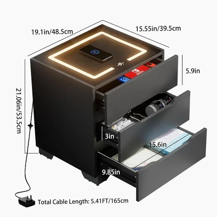 Nightstands Bedside Table with LED Lights, Charging Station and Smart Occupancy Sensor with Drawers for Bedroom Furniture