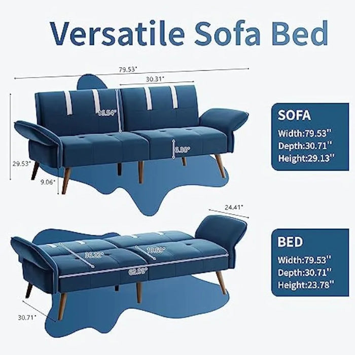 Velvet sofa bed, foldable sofa bed with adjustable armrest backrest, living room, apartment, office sofa, blue