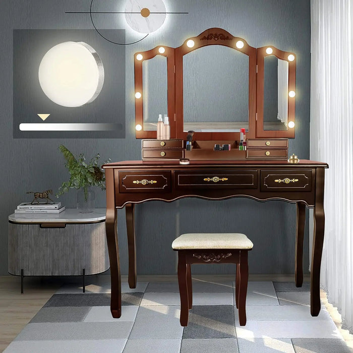 ENSTVER Vanity Set with 10 LED Light Bulbs,Makeup Table with Stool and Mirror,6 Organization 7 Drawers,Dressing Ta