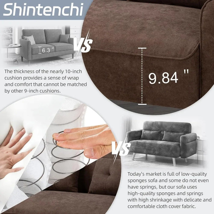 Shintenchi 47" Loveseat Wood Sofa Brown Easy Assembly Comfortable Cushions Minimalist Sofa  Living Room Furniture