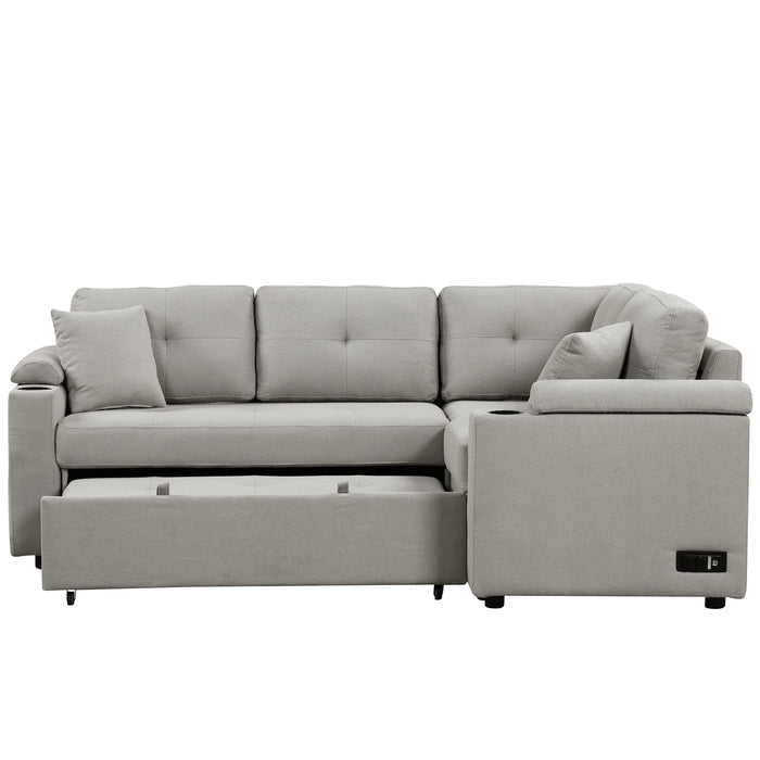 87.4" L-shape Sofa Bed Pull-out Sleeper Sofa with Wheels, USB Ports and Power Sockets for Living Room