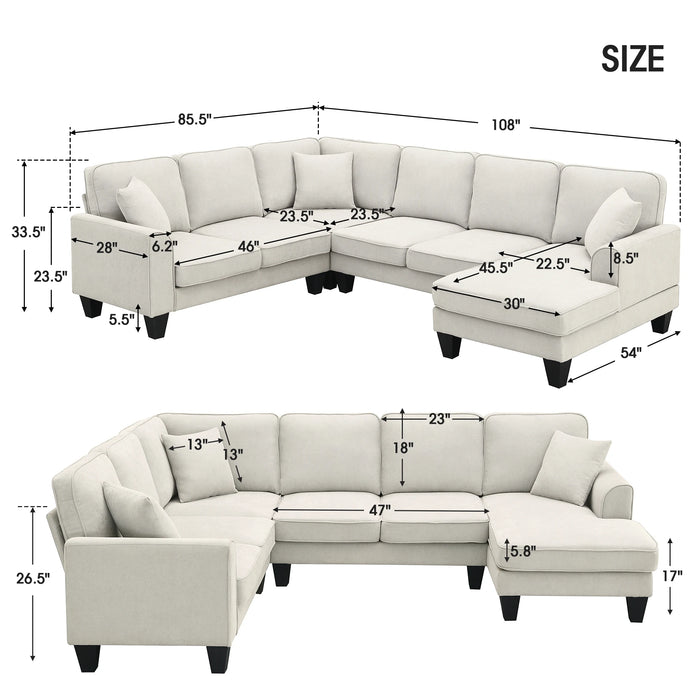 Modern U Shape Sectional Sofa, 7 Seat Fabric Sectional Sofa Set with 3 Pillows Included