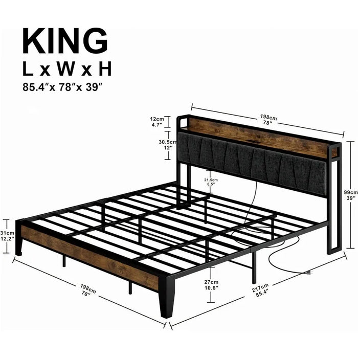 King size bed frame,Storage headboard with charging station,Strong and stable,Noiseless,No box spring required,Easy to assemble