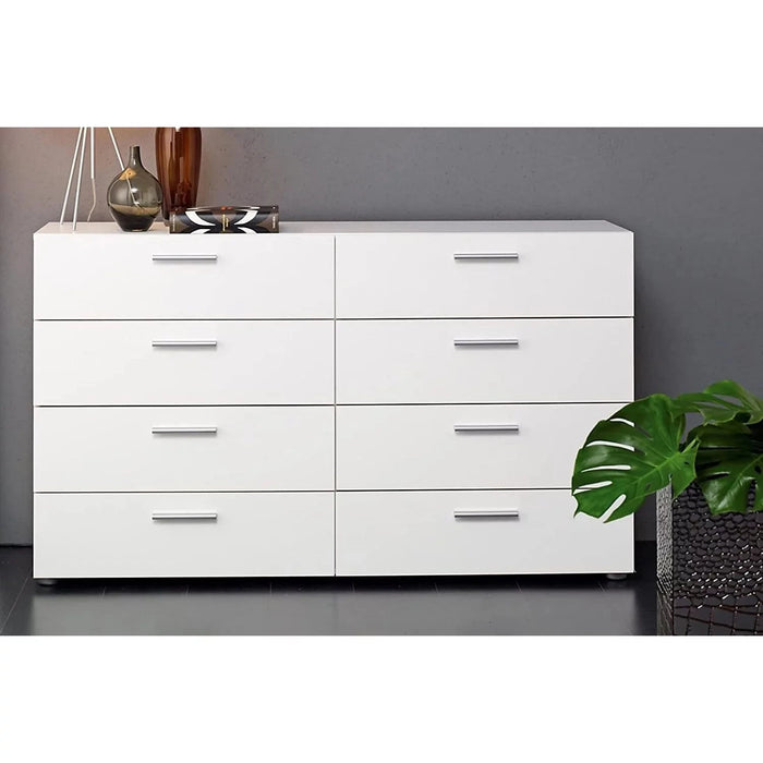 8 Drawer Wooden Storage Horizontal Double Dresser, Modern Plastic Silver Color Bar Handles,Metal Glides,White USA