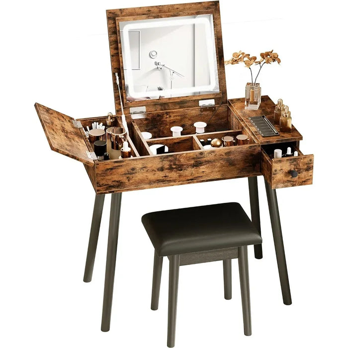 Vanity Desk Set with LED Lighted Mirror & Power Outlet, Flip Top Makeup Vanity Table with Drawers & Cabinet,for Bedroom