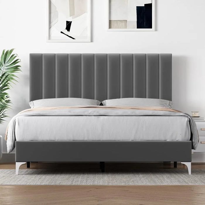 Queen Size Bed Frame with Adjustable High Headboard, Velvet Upholstered Platform Bed Frame with Wooden Slats Support, No Box