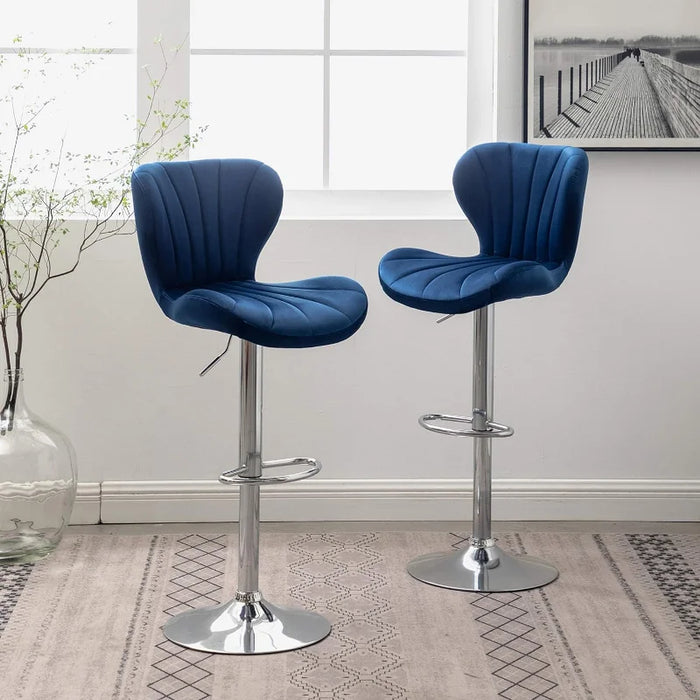 Roundhill Furniture Ellston Velvet Adjustable Swivel Barstools in Blue, Set of 2