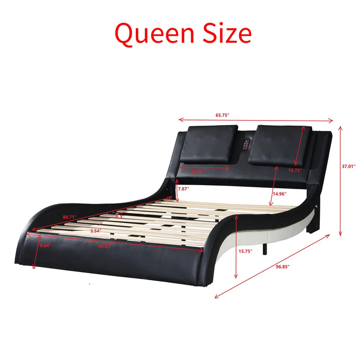 King/Queen Faux Leather Upholstered Platform Bed Frame W/Led Bluetooth Connection Play Music Control Backrest Vibration Massage