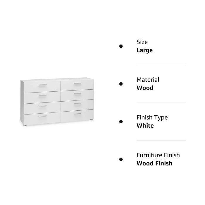 8 Drawer Wooden Storage Horizontal Double Dresser, Modern Plastic Silver Color Bar Handles,Metal Glides,White USA