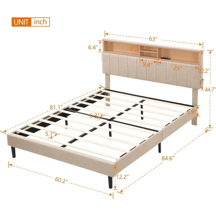 Bedroom furniture: modern upholstered platform bed with storage headboard and USB port, full, grey