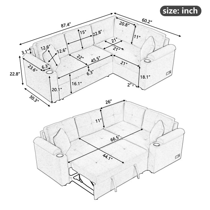 87.4" L-shape Sofa Bed Pull-out Sleeper Sofa with Wheels, USB Ports and Power Sockets for Living Room