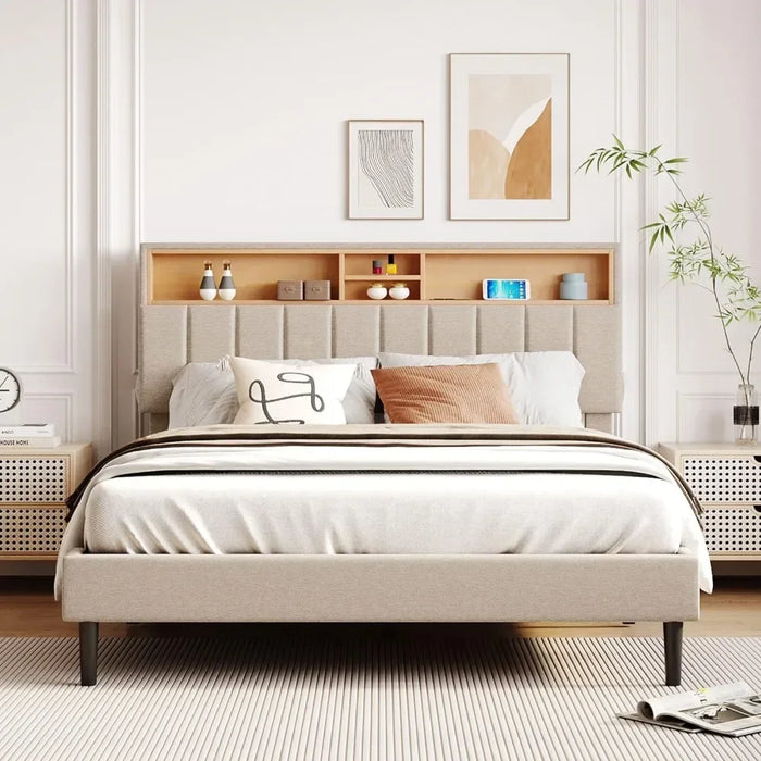 Bed FrameBedroom Furniture: Modern Upholstered Platform Bed With Storage Headboard And USB Port, Full, Grey