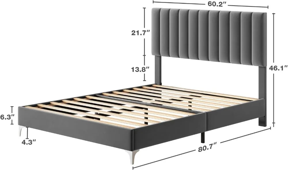 Queen Size Bed Frame with Adjustable High Headboard, Velvet Upholstered Platform Bed Frame with Wooden Slats Support, No Box