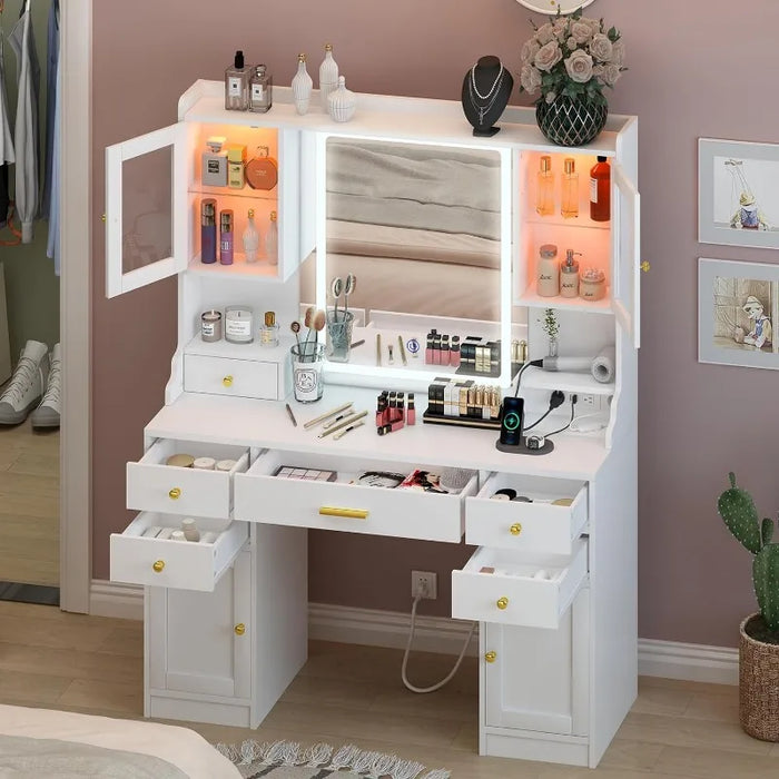 Large Make up Vanity Desk with Mirror and Lights,3 Lights Mode and Brightness Adjusted by Touch Button, Built-in Power Strip