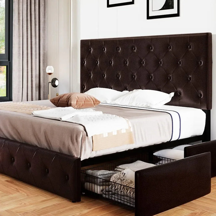 Extra large padded bed frame with 4 storage drawers and headboard,diamond sewn button tuft,mattress base with wooden support,bed