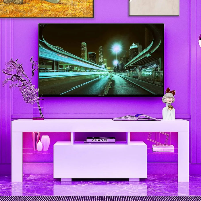 LED TV Stand for Televisions Up To 55 Inchs,Modern Entertainment Center with Storage Drawer and Glass Shelf,TV Cabinet Console