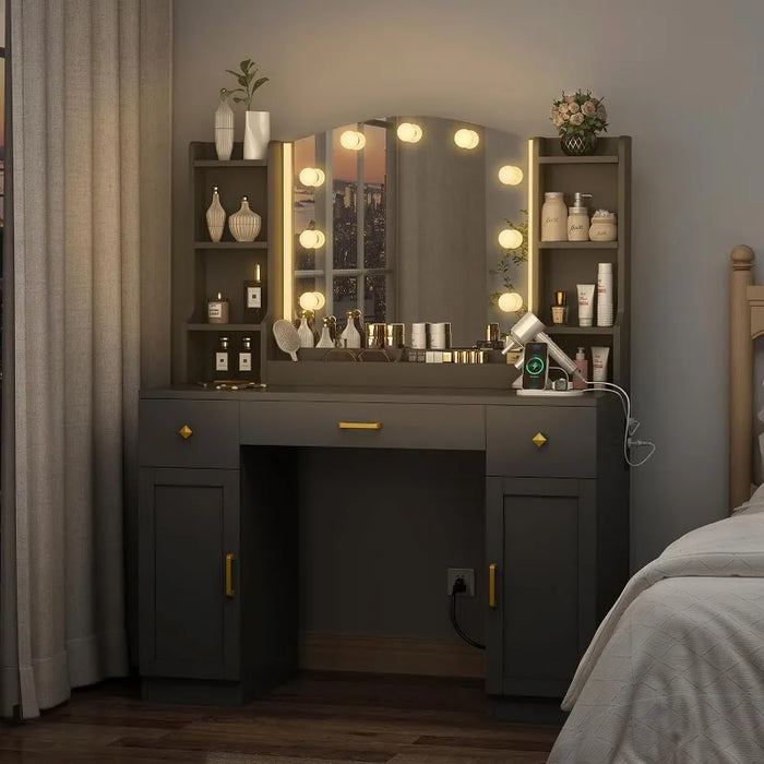 Large Make up Vanity Desk with Mirror and Lights,3 Lights Mode and Brightness Adjusted by Touch Button, Built-in Power Strip