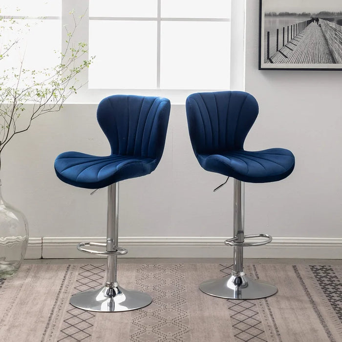 Roundhill Furniture Ellston Velvet Adjustable Swivel Barstools in Blue, Set of 2