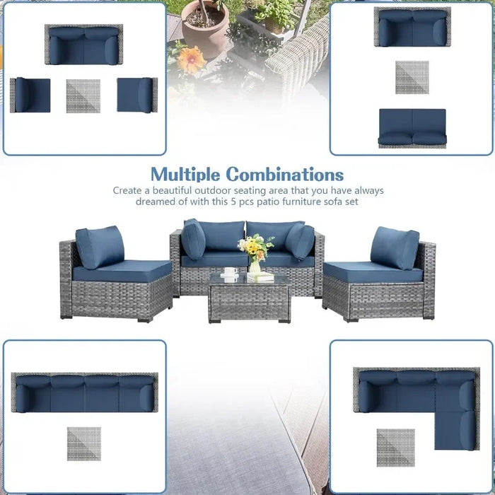 Shintenchi 5 Pieces Outdoor Patio Sectional Sofa Couch, Silver Gray PE Wicker Furniture Conversation Sets with Washable Cushions