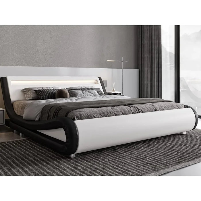 LED platform bed frame with adjustable headboard, no need for a spring box, easy to assemble, white and black leatherette