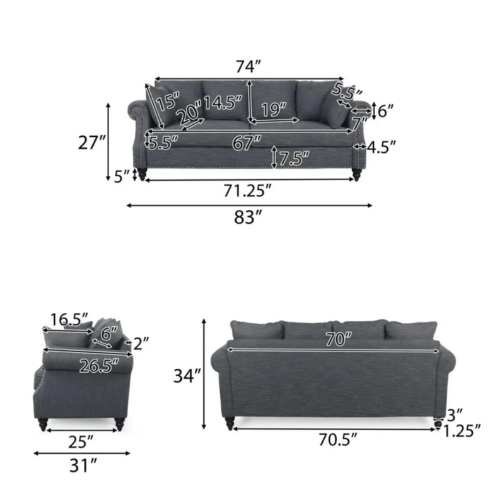 Luxury Modern Sofa, Fabric Pillow Back, 3-Seater with Nailhead Trim, Living Room Sofas, Charcoal and Dark Brown