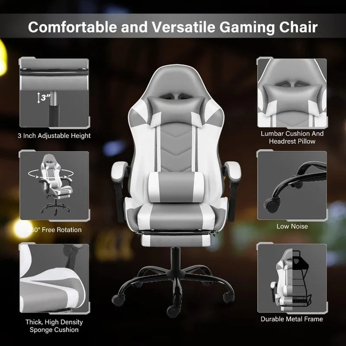 White Gaming Chair with Footrest, Big and Tall Gamer Chair, Racing Style Adjustable Swivel Office Chair, ErgonomicGame Chairs