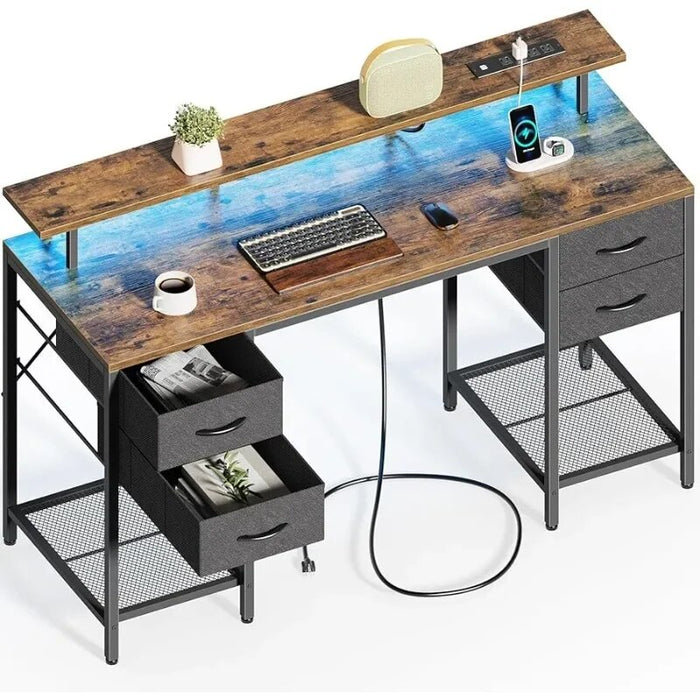 Computer Desk with 4 Drawers,Gaming Desk with LED Lights & Power Outlets,Home Office Desk with Large Storage Space for Bedroom