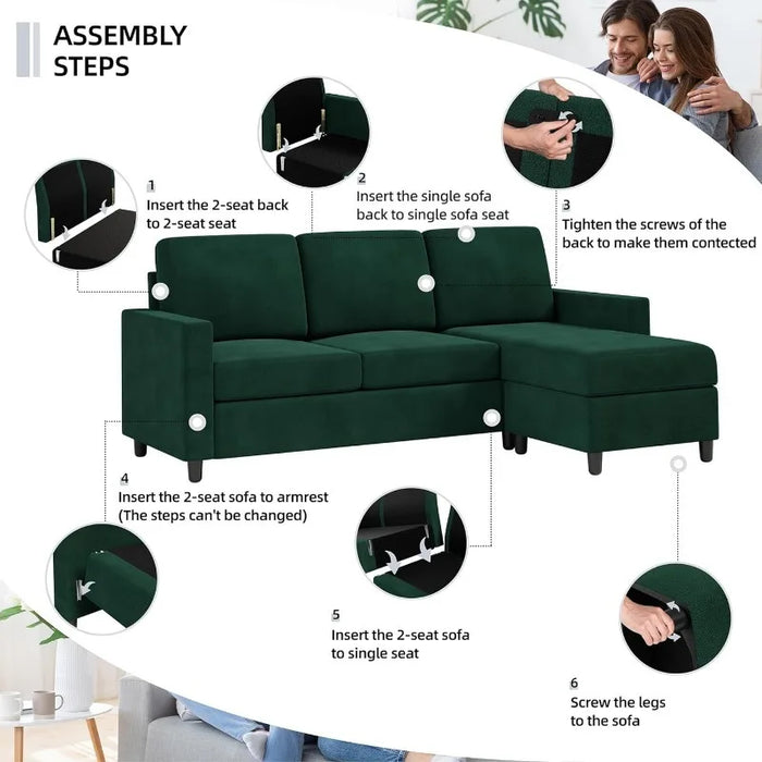 Shintenchi Convertible Sectional Sofa Couch, Modern Linen Fabric L-Shaped, 3-Seat Sofa Sectional with Reversible Chaise  (Green)