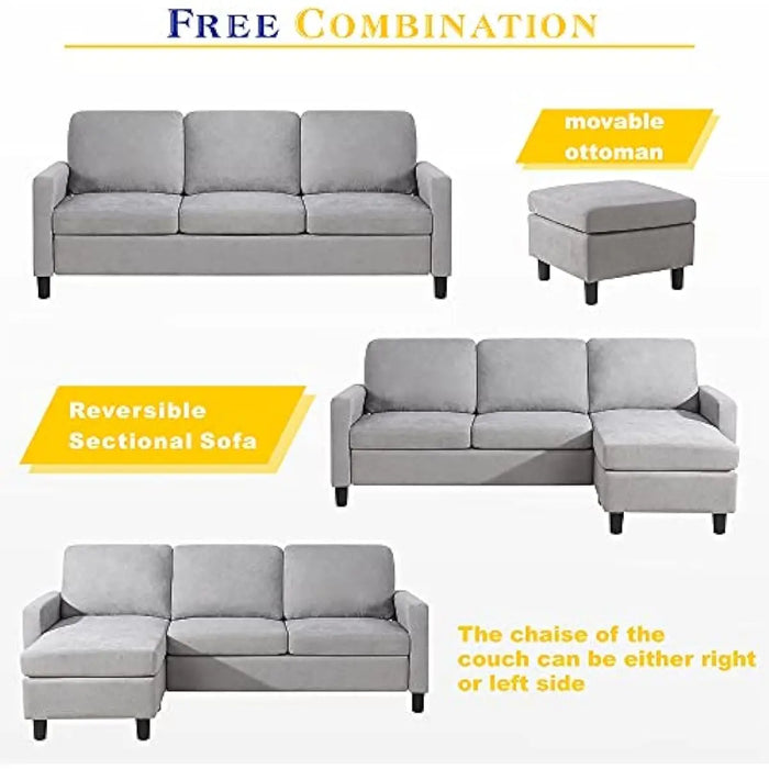 Convertible Sectional Sofa Couch, Modern Linen Fabric L-Shaped Couch 3-Seat Sofa Sectional with Reversible Chaise (Light Grey)