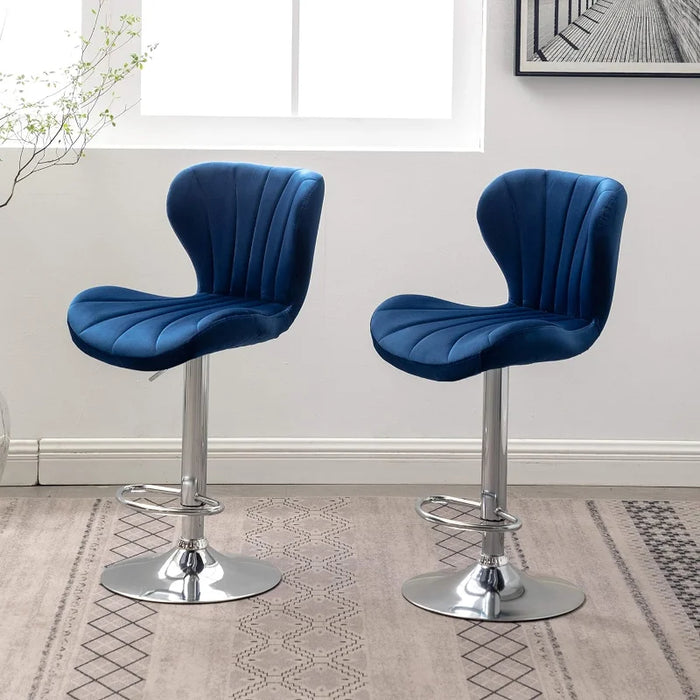 Roundhill Furniture Ellston Velvet Adjustable Swivel Barstools in Blue, Set of 2