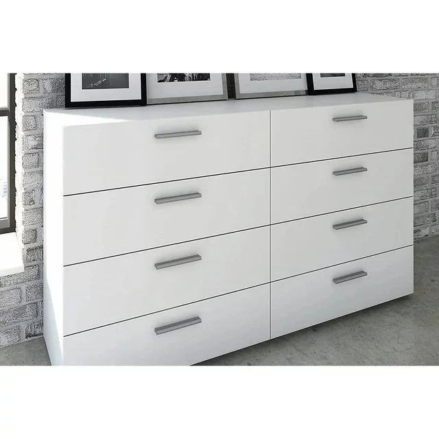 8 Drawer Wooden Storage Horizontal Double Dresser, Modern Plastic Silver Color Bar Handles,Metal Glides,White USA