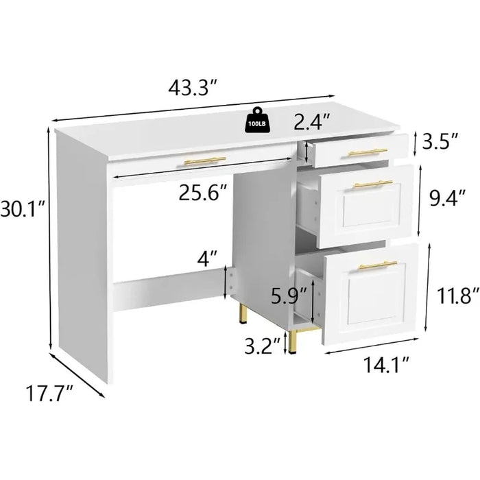 White Desk with 4 Drawers, White and Gold Computer Desk with Storage Drawer, 43” Writing Desk