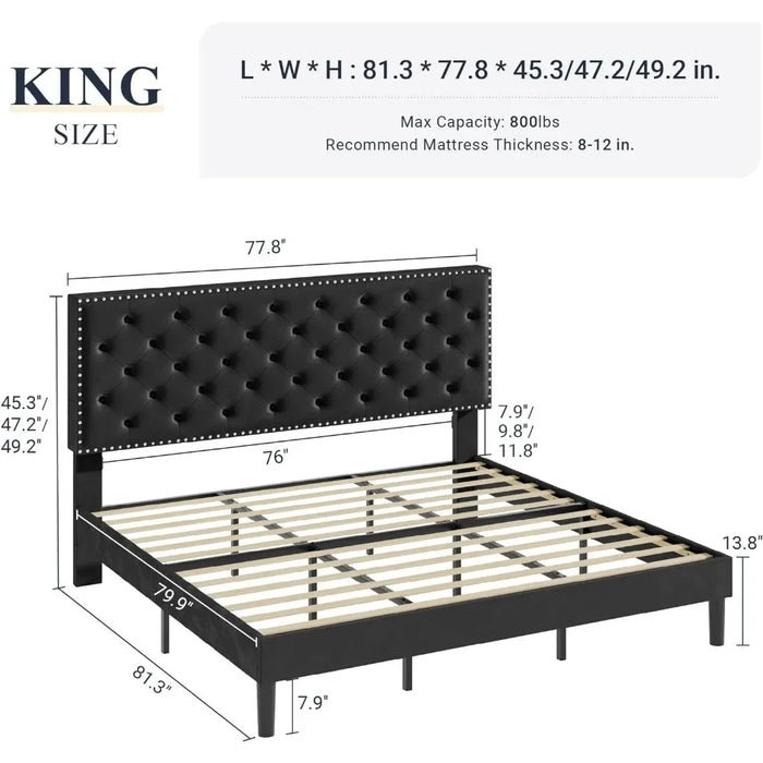 Bed, velvet padded platform bed with adjustable diamond button tufting and nail head decoration headboard, king size bed frame