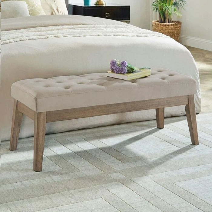 Velvet Upholstered Tufted Bench With Solid Wood Leg Bed Stool Ottoman With Padded Seat-Taupe Bedroom Living Room Furniture Home