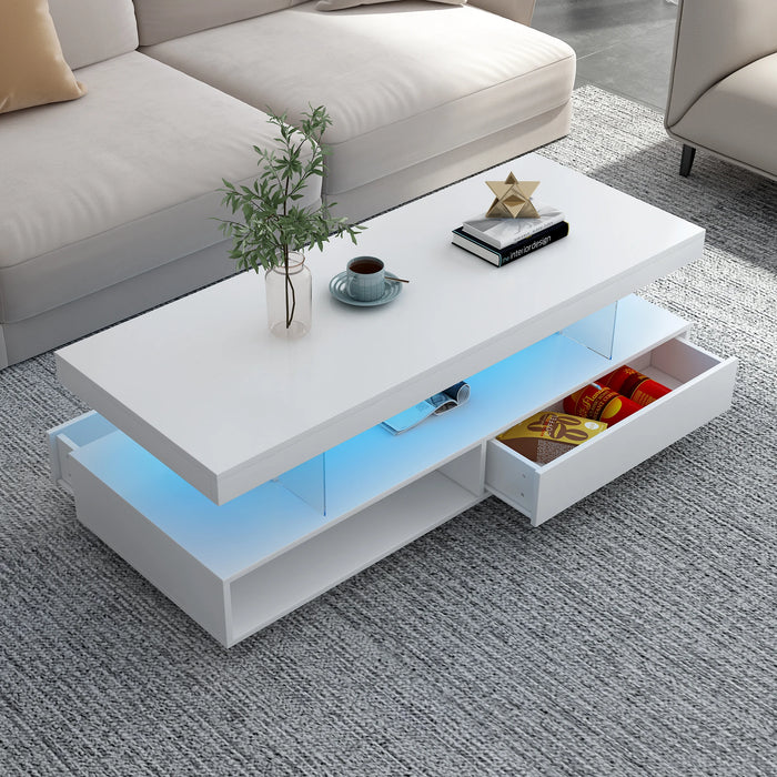 LED Coffee Table with Storage, Modern Center Table with 2 Drawers and Display Shelves, Accent Furniture with LED Lights