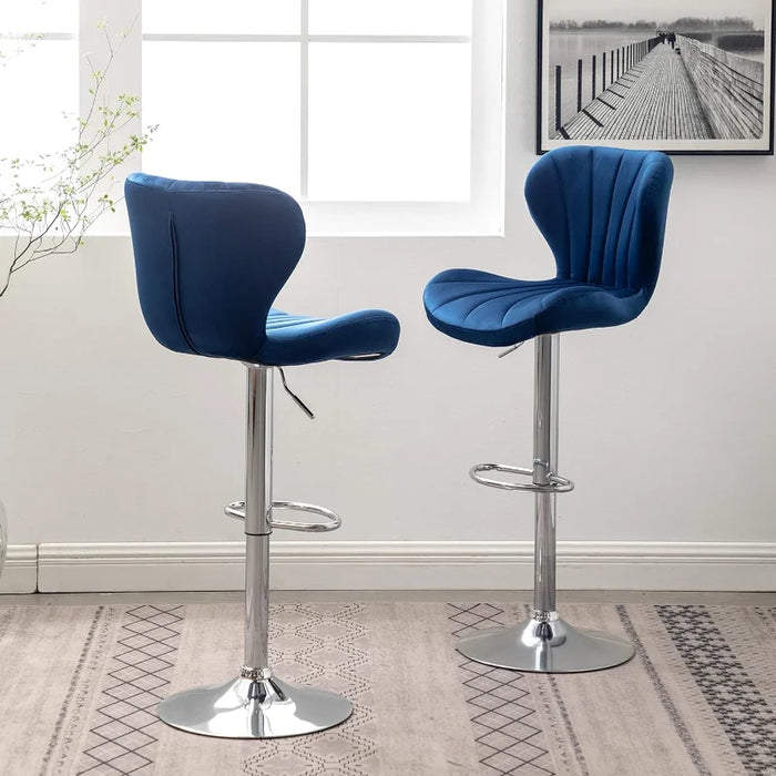 Roundhill Furniture Ellston Velvet Adjustable Swivel Barstools in Blue, Set of 2