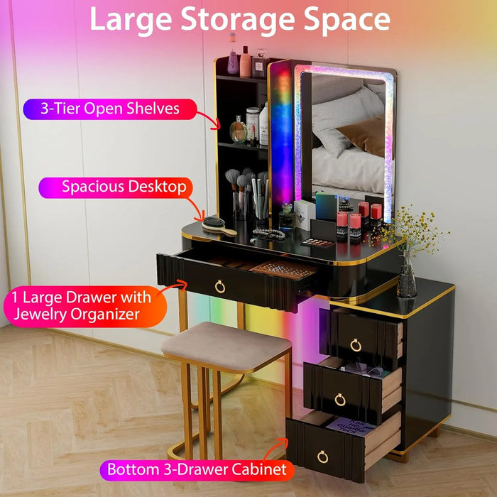 CHARMAID RBG LED Makeup Vanity Table, Colorful Lighted Mirror, 7 Dynamic & 7 Static Modes, 3-Drawer Chest, 3 Shelves,