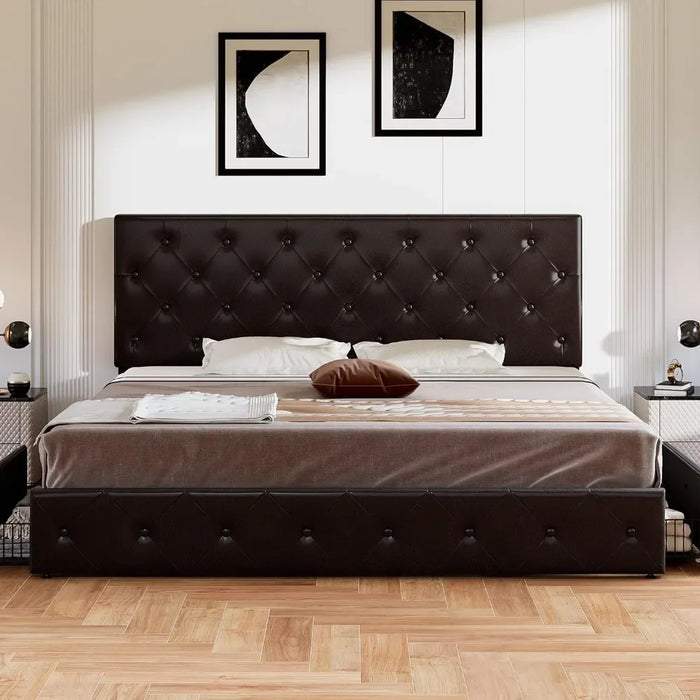 Extra large padded bed frame with 4 storage drawers and headboard,diamond sewn button tuft,mattress base with wooden support,bed